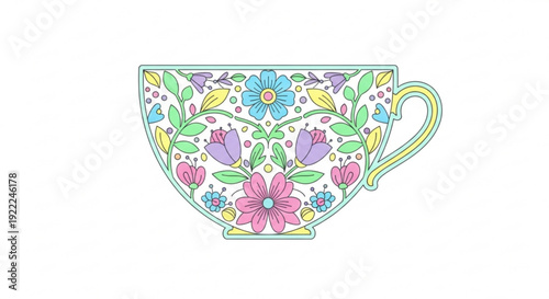 Colorful floral teacup with pink blue and purple flowers green leaves and yellow accents on a white background