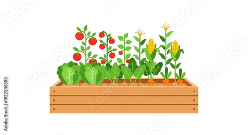Vibrant garden bed with assorted vegetables and flowers in a wooden planter box featuring tomatoes corn and leafy greens