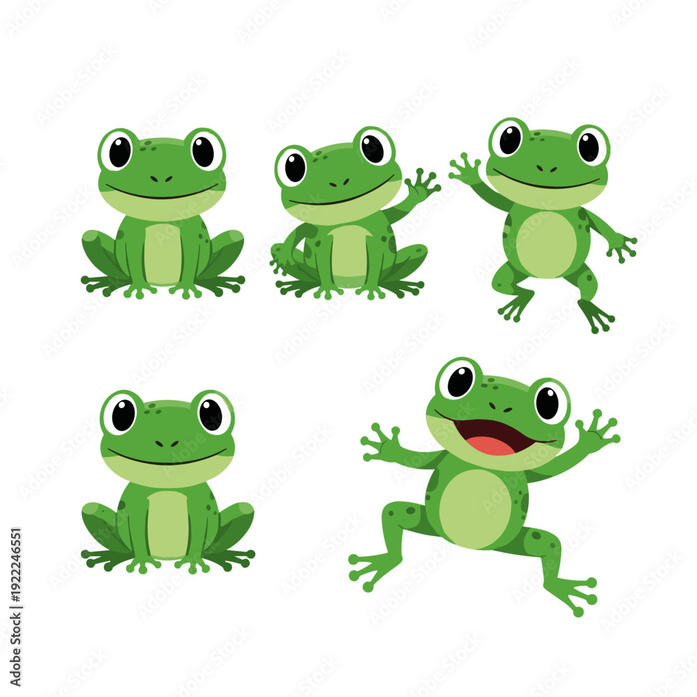 Fototapeta premium Playful Green Frog Character Set with Waving and Jumping Poses