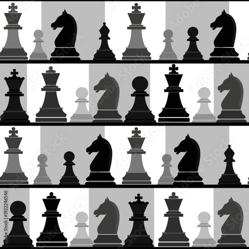 Monochrome Seamless Pattern of Chess Pieces on Checkered Background