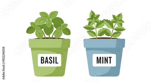 Basil and mint plants in labeled pots green and blue containers fresh herbs gardening concept simple flat design