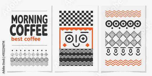 Three abstract coffee themed art prints with geometric patterns and text
