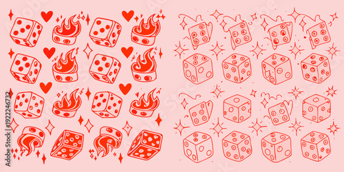Red dice hearts and flames scattered on a pink background