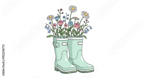 Pair of green rubber boots filled with colorful flowers vibrant blooms gardening concept spring illustration