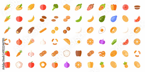 A colorful collection of various cartoon fruits vegetables and food items