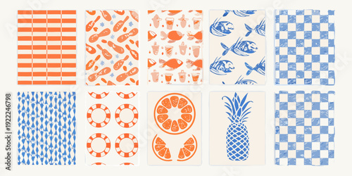 A collection of illustrated cards featuring various food and pattern designs