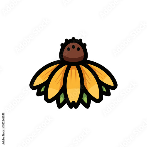 Bold Yellow Flower Head Icon with Brown Center and Black Outline