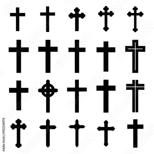 Set of Various Black Christian Cross Symbols and Icons