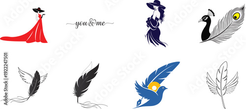 Illustration of collection of various colorful feather and bird illustrations