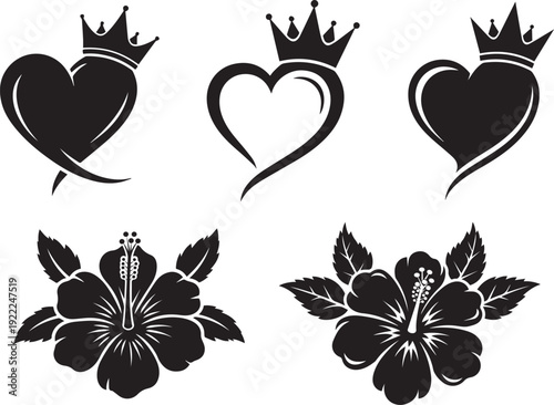 Illustration of black silhouette tattoo designs featuring hearts with crowns and hibiscus flowers
