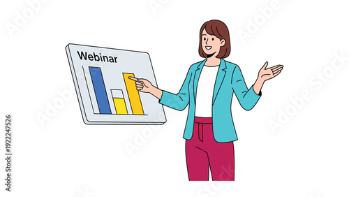 Smiling woman presenting online webinar with data chart, illustrating remote education, business training, and virtual conference.
