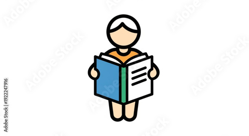 A person reading a large open book with a blue cover and white pages standing alone