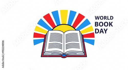 Colorful world book day illustration featuring open book and vibrant sunburst design on white background