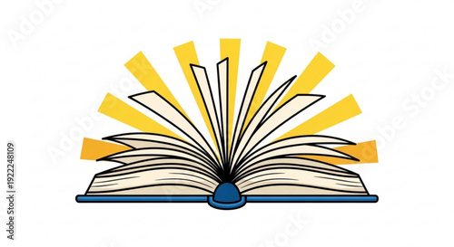 Open book with pages radiating light symbolizing knowledge education and inspiration in a simple modern illustration style