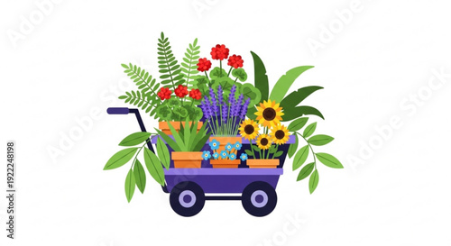 Colorful garden cart filled with vibrant flowers lush greenery and potted plants on a clean white background perfect for gardening and floral designs