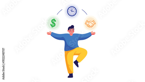 Person balancing time, money, and partnership icons. Concept of work-life balance, resource management, and business priorities.