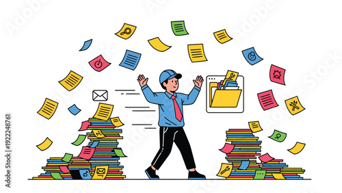 Businessman overwhelmed by information overload, paperwork, and flying documents. Stressful data management and office chaos concept.