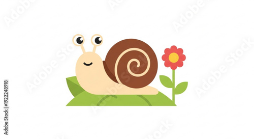 Smiling cartoon snail with brown shell on green leaf next to red flower cute garden scene slow animal illustration