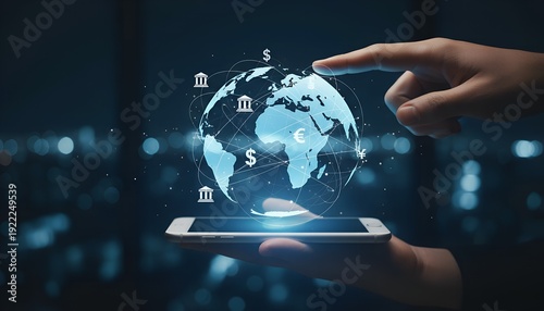 A hand holds a smartphone displaying a glowing digital globe with financial symbols, representing global online banking and international money transfers.
