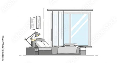 Modern minimalist bedroom interior design with large window.