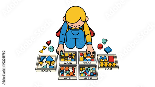 Educational Recycling Activity: Cartoon Child Sorts Geometric Shapes by Material - Plastic, Wood, Metal, Glass