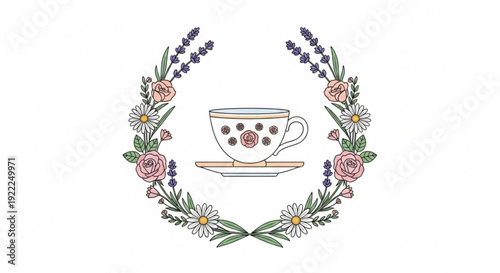 Delicate floral wreath surrounds tea cup with saucer on white background