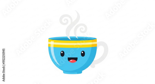 Cheerful cartoon blue coffee cup with yellow stripes and steaming hot beverage on white background perfect for cafe or restaurant branding