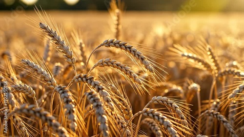 Golden wheat ears sway gently in a vast agricultural field, bathed in the warm, natural light of a serene sunset, captured in a close-up with shallow depth of field.
