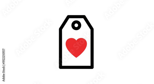 Red heart icon on white price tag with black outline symbolizing love care and affection in a minimalist design concept