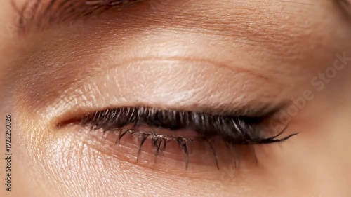 A detailed macro close-up shot of a human eye with long eyelashes, peacefully closed, showcasing natural skin texture in warm tones.
