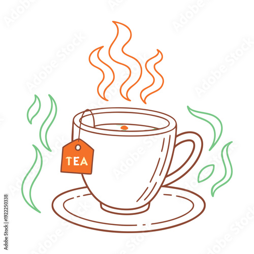 Hot Tea Cup with Steam and Tag.