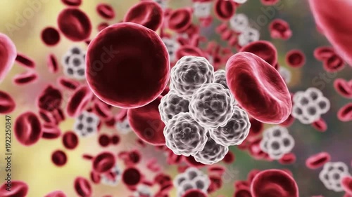 A detailed 3d render captures red blood cells and a prominent cluster of white cells circulating in a vibrant, microscopic view of the human bloodstream.