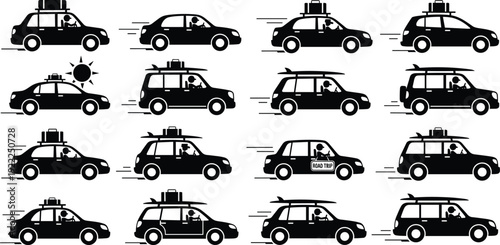 Black and white of cars with surfboards and luggage on rooftops vehicles