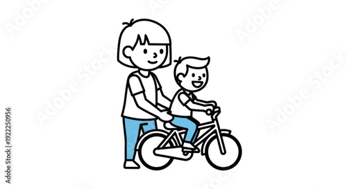 Father teaching young son to ride a bicycle simple line art illustration happy family moment learning to cycle together