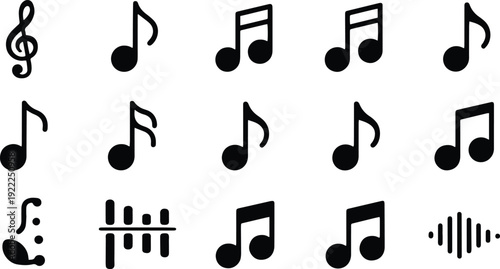 Music notes and musical symbols icon set. Treble clef, sharp, flat and quaver signs for audio, melody and composition design – stock vector