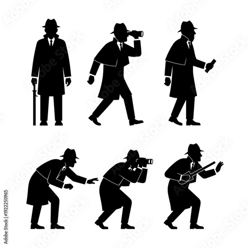 Set of Black Silhouette Detective Characters in Motion