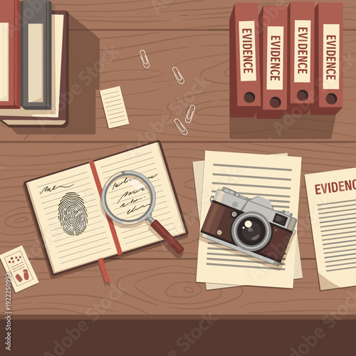 Realistic Investigation Desk Layout with Clues and Evidence