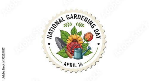 National gardening day emblem with flowers trowel and watering can on april 14 symbolizing gardening and horticulture