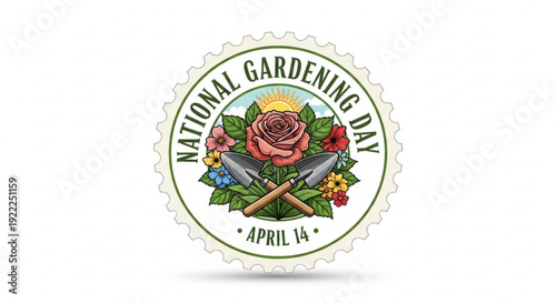 National gardening day emblem featuring floral arrangement and gardening tools on april 14 surrounded by green leaves and vibrant flowers