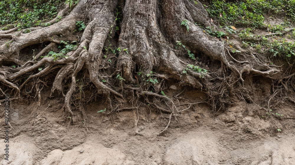 Fototapeta premium Close-up View of Gnarled Tree Roots Exposed in Soil With Green Plants Nearby Showing Details of Natures Strength and Growth