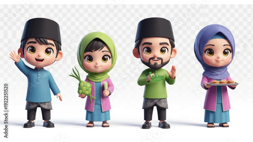 Cute 3D Cartoon Muslim Family Celebrating Eid al-Fitr