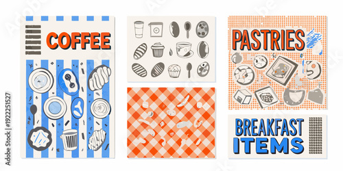 Retro style coffee pastries and breakfast item promotional posters