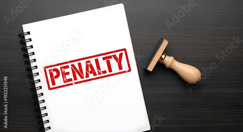 Legal Penalty Stamp: Red penalty ink stamp on white spiral notebook page, wooden stamper on dark table, law enforcement, financial fine, regulation and punishment concept
