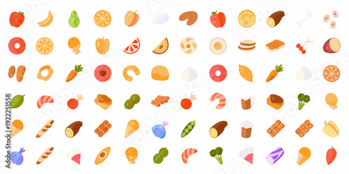 A colorful collection of various food items and fruit icons arranged densely