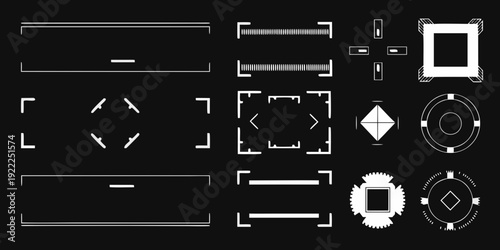 Collection of white geometric shapes resembling targeting or technical displays