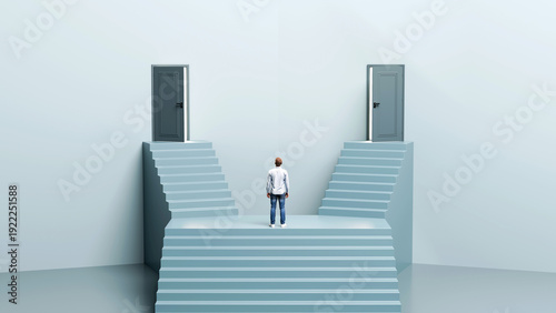 Принти на полотні Man standing before two different staircases leading to separate open doors repr