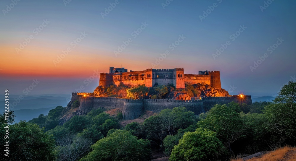 Obraz premium Historic Fort on Hilltop at Dusk Ancient Architecture and Scenic Landscape