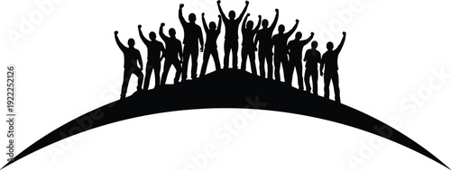 Group of Silhouetted People Standing on a Hill with Arms Raised Celebrating celebration