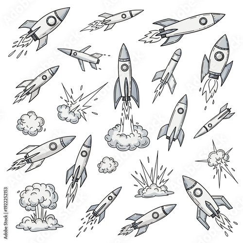 Set of Hand Drawn Space Rockets and Celestial Elements