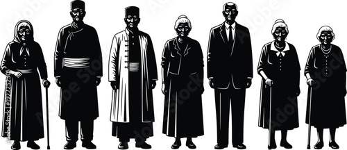 Seven elderly people in traditional and formal attire standing in a row with some holding canes